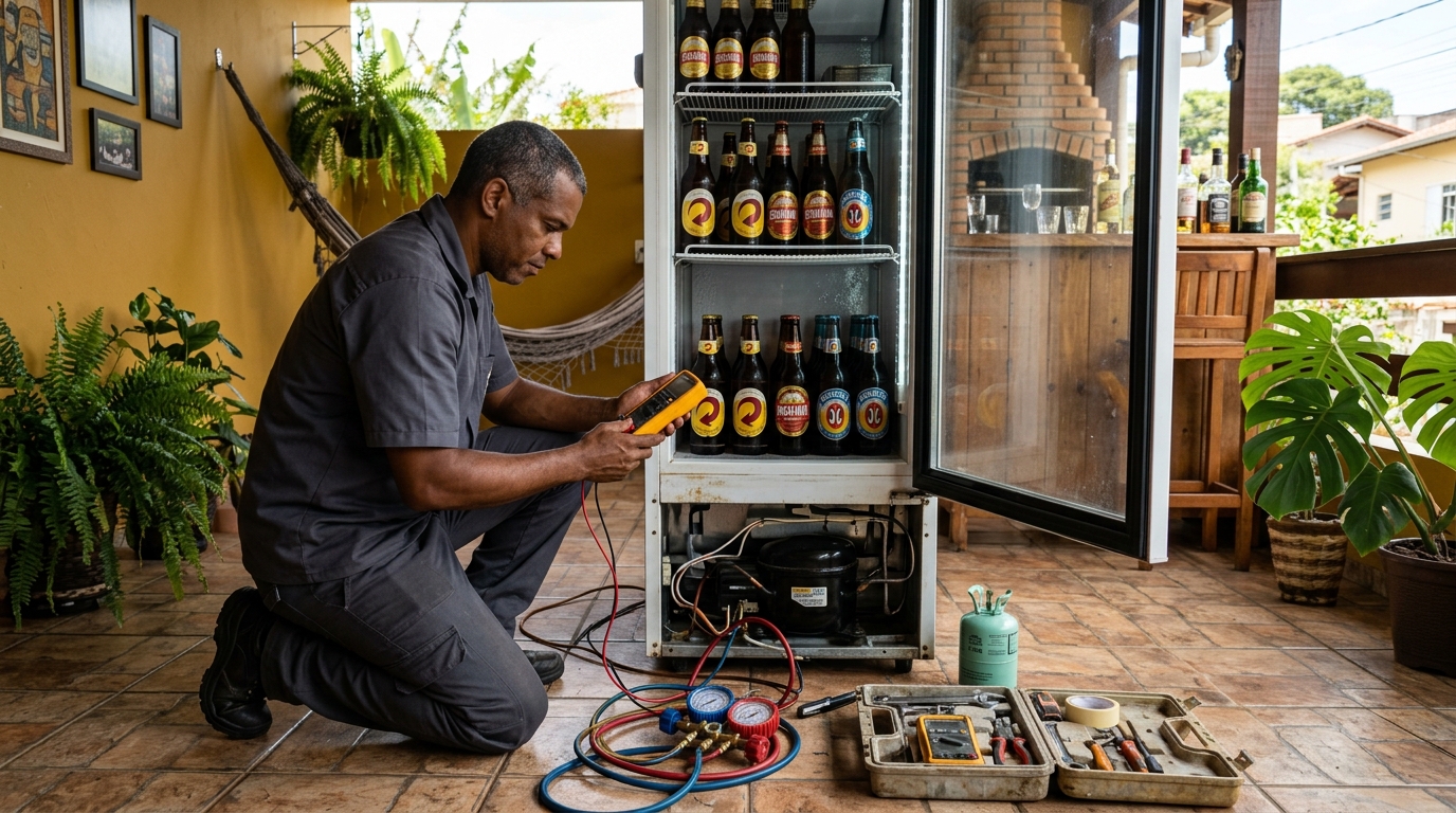 Manutenção da placa eletrônica de cervejeira no Parque do Café, Uberaba‑MG