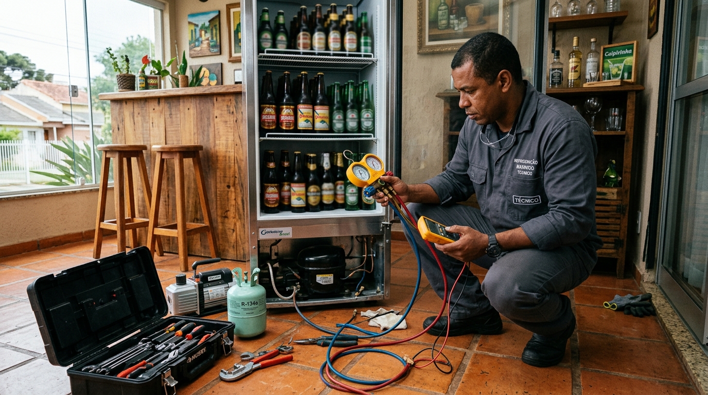 Profissional executando reparo no motor de cervejeira no Parque do Café, Uberaba‑MG