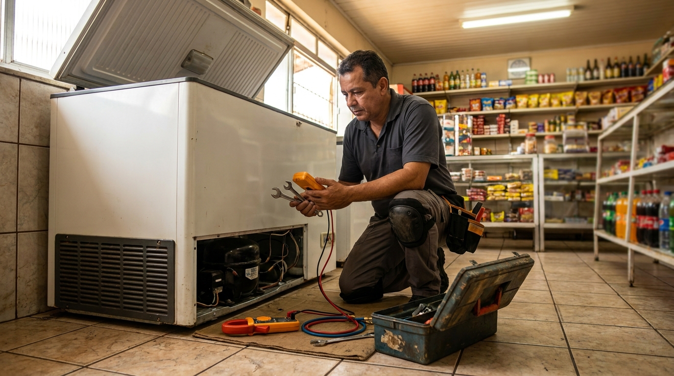 Profissional executando manutenção no motor de freezer na Cidade Nova, Uberaba‑MG