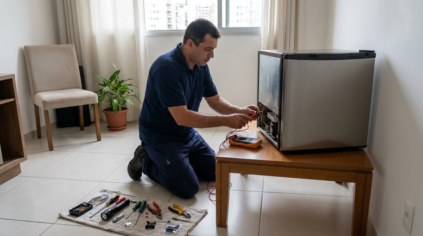 Técnico fazendo manutenção do motor de frigobar no Ponte Alta, Uberaba‑MG