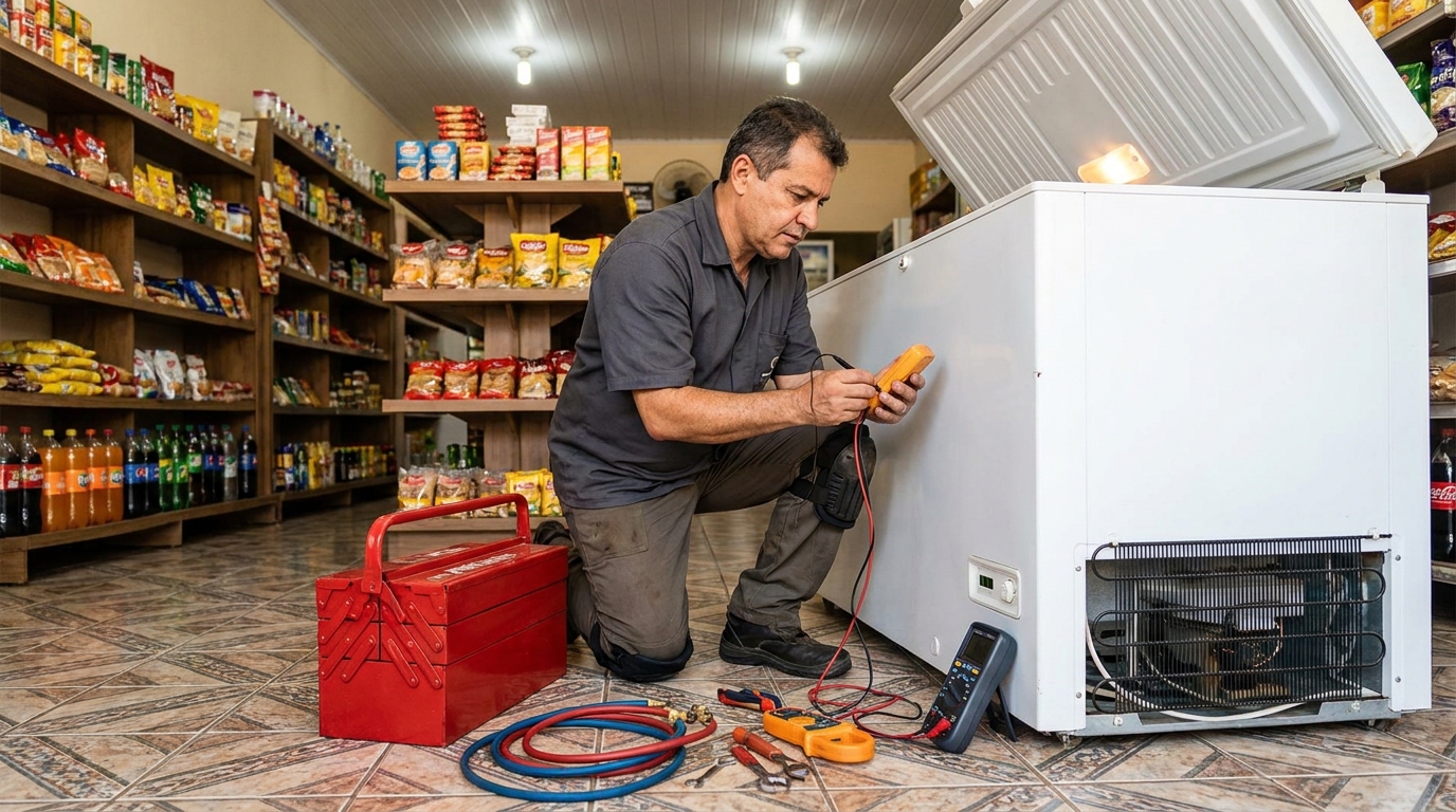 Recarga de gás refrigerante no freezer durante atendimento na Cidade Nova, Uberaba‑MG