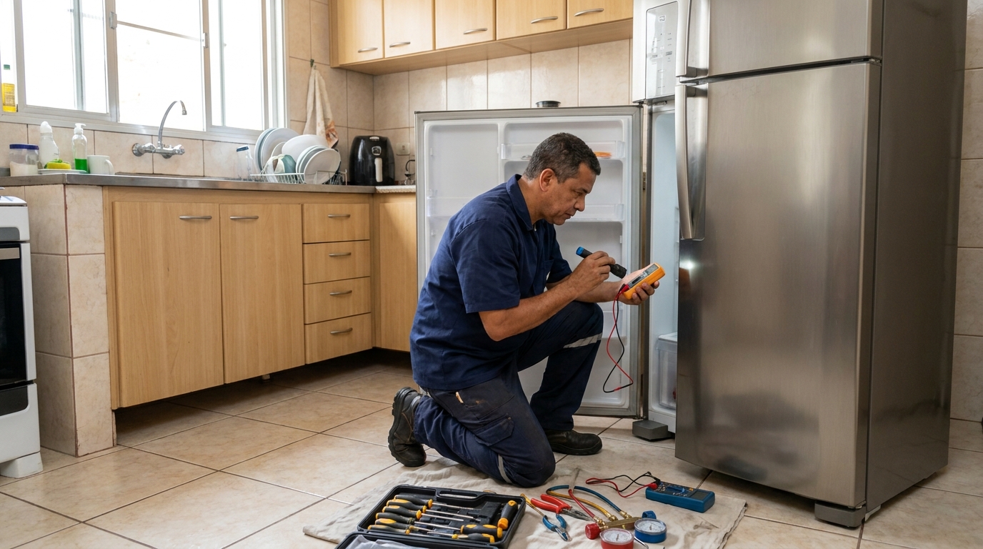 Técnico aplicando recarga de gás refrigerante em geladeira no Conjunto Pontal, Uberaba‑MG