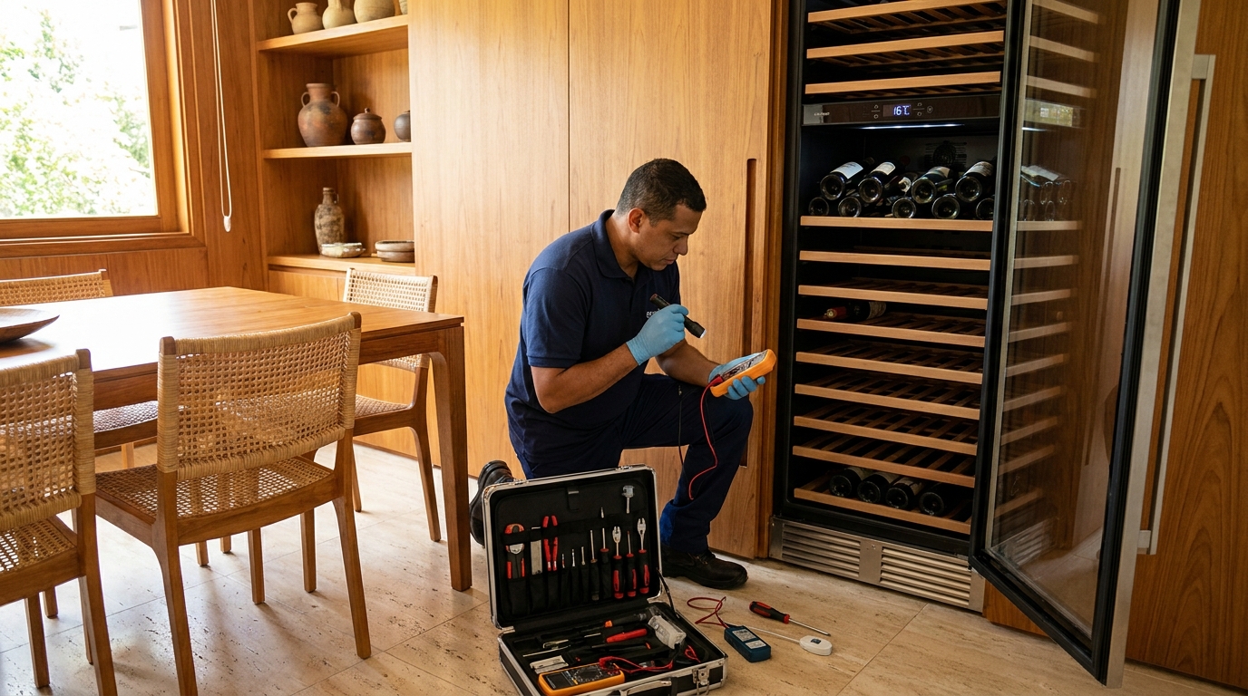 Substituição de termostato em adega climatizada em visita técnica no Vale do Sol, Uberaba‑MG