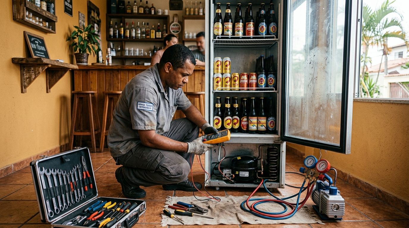 Substituição de termostato de cervejeira em serviço técnico no Parque do Café, Uberaba‑MG
