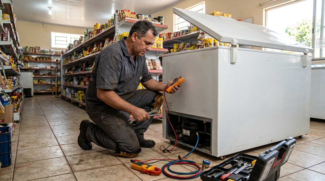 Substituição de termostato de freezer em visita técnica na Cidade Nova, Uberaba‑MG